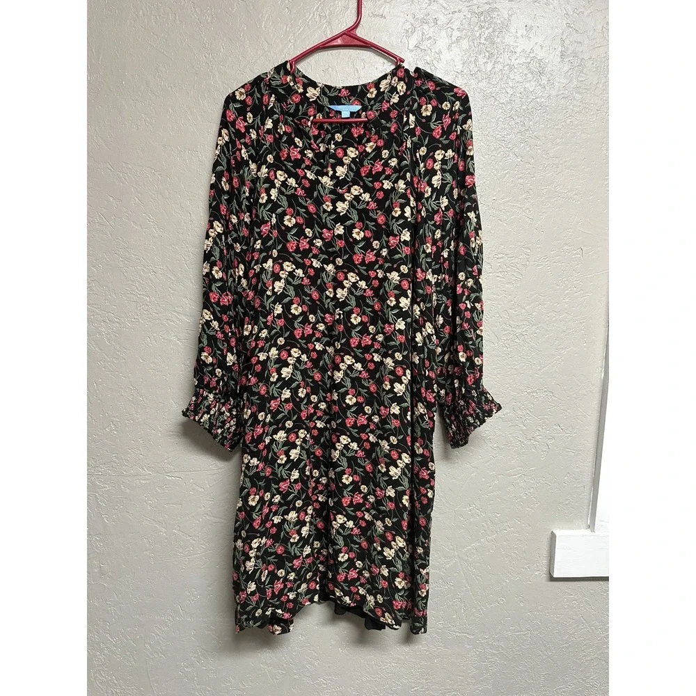 Draper James Black Floral Long Sleeve Midi Dress with Red & Cream Blossoms